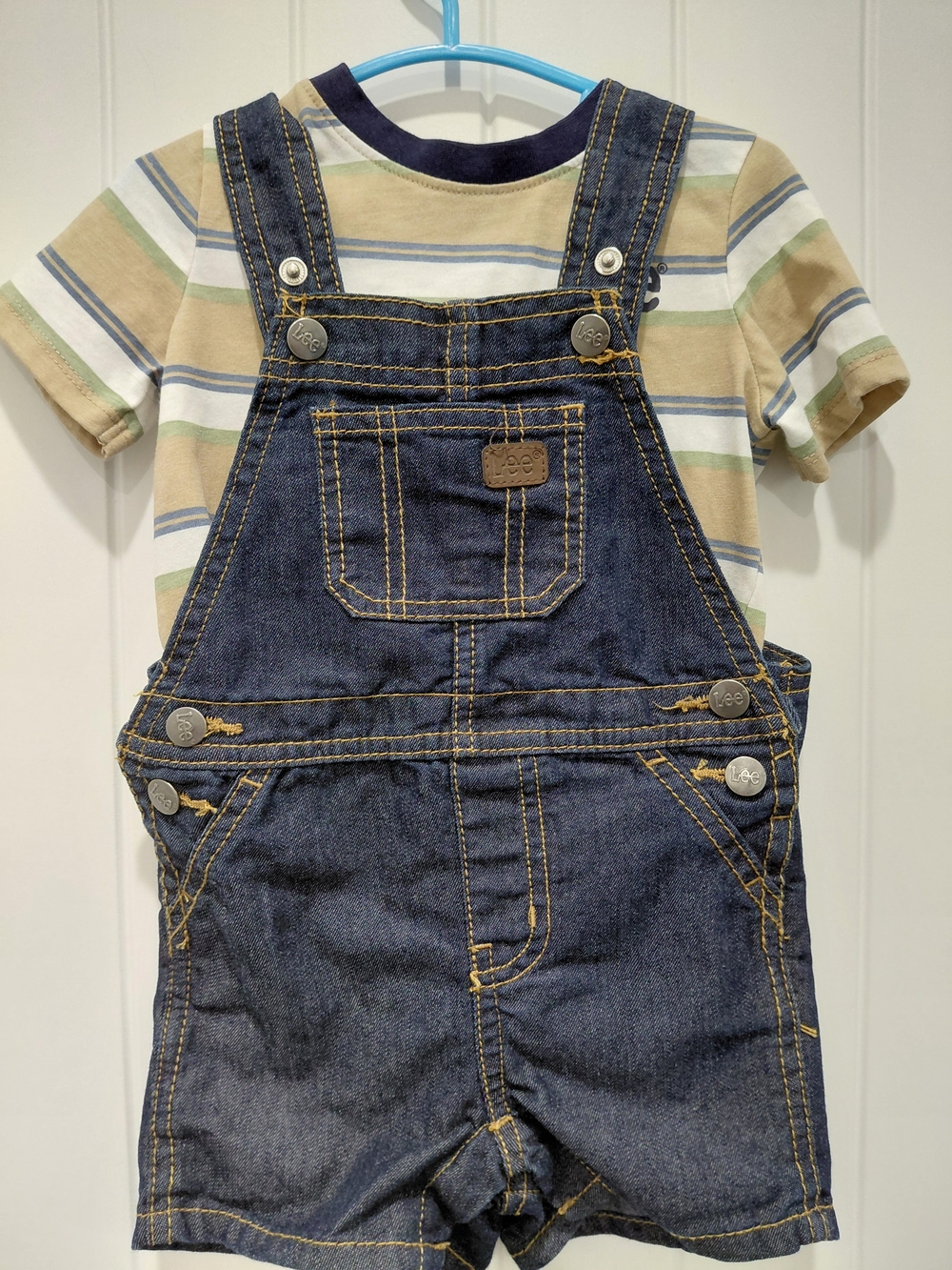 Lee Navy Denim Short Overalls with Beige and Blue Striped Tee